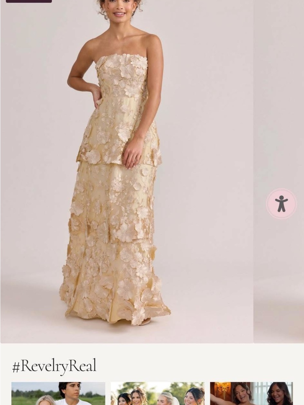 Revelry Strapless  Floral Appliqué Tiered Dress in Champagne